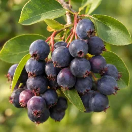 Amélanchier nain (Amelanchier spicata) — grappes de petits fruits ronds mûrs · Photo d'illustration