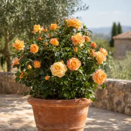 Rosier 'Saint exupery' (Rosa hybrida) — rosier buissonnant fleuri dans grand pot en terre cuite · Photo d'illustration