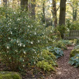 Symphorine de doorenbos à fruits blancs (Symphoricarpos × doorenbosii) — arbuste à petits fruits blancs près d'un sentier · Photo d'illustration