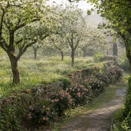 Camélia du japon 'Kumasaka rose' (Camellia japonica) — massif de petits arbustes fleuris le long du muret · Photo d'illustration