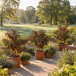 Pêcher 'Crimson bonfire' (Prunus persica) — petits arbres fruitiers en pot sur terrasse · Photo d'illustration