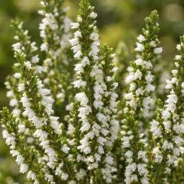 Bruyère commune 'Stephanie blanc' (Calluna vulgaris) — grappes serrées de petites fleurs blanches