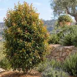Laurier du portugal 'Tico' (Prunus lusitanica) — arbuste dense isolé dans un jardin méditerranéen