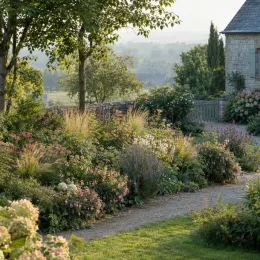 Fushia 'Rose pale' (Fuchsia) — massif fleuri le long d’un chemin de jardin