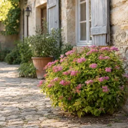 Spirée du japon 'Crispa' (Spiraea japonica) — arbuste fleuri rose sur terrasse en pierre · Photo d'illustration
