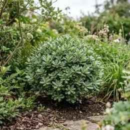 Pittospore 'Pot belly' (Pittosporum crassifolium) — arbuste arrondi au feuillage dense dans un massif