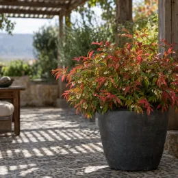Leucothoé 'Little flame' (Leucothoe walteri) — arbuste au feuillage coloré sur terrasse carrelée · Photo d'illustration