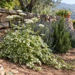 Herbe aux goutteux panachée 'Variegata' (Aegopodium podagraria) — touffe de feuillage panaché avec ombelles blanches au jardin · Photo d'illustration
