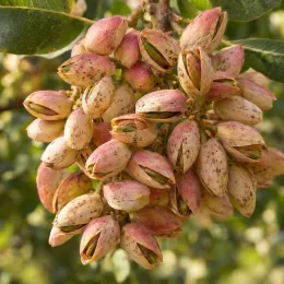 Pistachier vrai 'Larnaka' (Pistacia vera) — grappe de fruits ovales rosés tachetés · Photo d'illustration