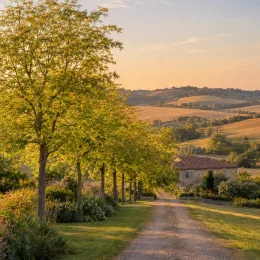 Févier d'amérique sans épines 'Spectrum' (Gleditsia triacanthos) — allée d'arbres le long d'un chemin rural