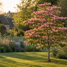 Cornouiller à fleurs américain 'Cherokee chief' (Cornus florida) — arbre ornemental fleuri dans un jardin · Photo d'illustration