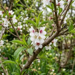 Pêcher 'Peche de vigne' (Prunus persica) — branche fleurie avec fleurs blanches et feuilles vertes