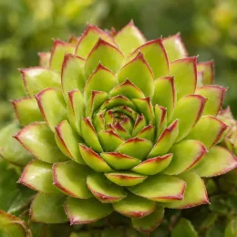 Joubarbe 'Lemon flare' (Sempervivum) — rosette de feuilles charnues vertes bordées de rouge
