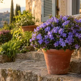 Azalée japonaise 'Blue danube bleu' (Azalea japonica) — buisson fleuri violet en pot sur marches · Photo d'illustration