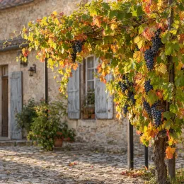 Cépage noir 'Pinot d'aunis' (Vitis vinifera) — vigne palissée avec grappes de raisins mûrs · Photo d'illustration
