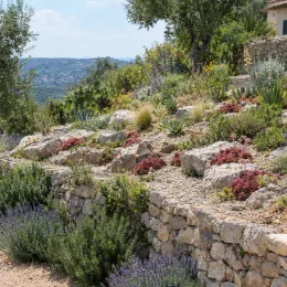 Joubarbe rouge 'Belsemred1' (Sempervivum) — massif de rocailles avec succulentes colorées en pente · Photo d'illustration