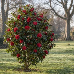 Camélia du japon 'Black lace rouge' (Camellia japonica) — arbuste isolé couvert de grandes fleurs rouges · Photo d'illustration