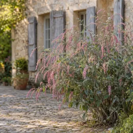 Menthe en arbre (Rostrinucula dependens) — arbuste aux longs épis floraux roses devant maison