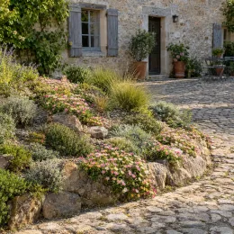 Pourpier vivace 'Clown' (Delosperma) — massif fleuri sur rocaille devant maison en pierre · Photo d'illustration
