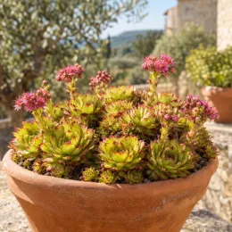 Joubarbe 'Lemon flare' (Sempervivum) — rosettes charnues vertes bordées de rouge en fleurs
