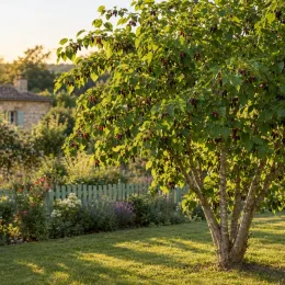 Mûrier japonais 'Shin-tso' (Morus) — arbre fruitier au feuillage dense dans un jardin · Photo d'illustration