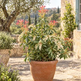 Andromède du japon 'Flaming silver' (Pieris japonica) — arbuste en pot avec jeunes pousses rouges · Photo d'illustration