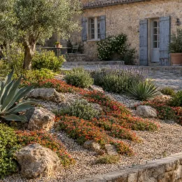 Pourpier vivace 'Red mountain' (Delosperma dyeri) — massif de vivaces fleuries dans jardin méditerranéen · Photo d'illustration