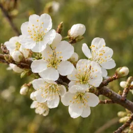 Prunier brompton 'Brompton' (Prunus domestica) — gros plan sur grappes de fleurs blanches · Photo d'illustration