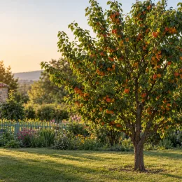 Abricotier 'Tardif bordaneil' (Prunus armeniaca) — arbre fruitier chargé de fruits orangés au jardin · Photo d'illustration