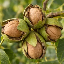 Noyer chandler 'Chandler' (Juglans regia) — gros plan de fruits mûrs sur branche · Photo d'illustration