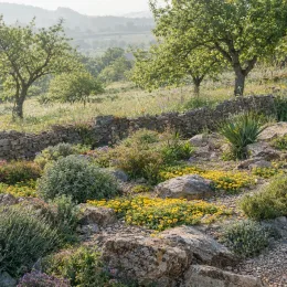 Pourpier vivace (Delosperma nubigenum) — massif rocheux fleuri devant muret en pierres sèches · Photo d'illustration