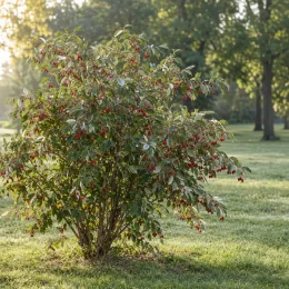 Goumi du japon à baies rouges (Eleagnus multiflora) — arbuste isolé couvert de petites baies rouges · Photo d'illustration