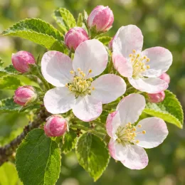Pommier d'ornement (Malus communis) — fleurs blanches et boutons roses sur branche · Photo d'illustration