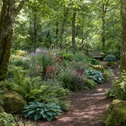 Pénstémon 'Husker red' (Penstemon) — massif de vivaces colorées en sous-bois avec sentier
