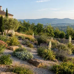 Yucca 'Garland gold' (Yucca filamentosa) — massif de vivaces dans un jardin sec méditerranéen