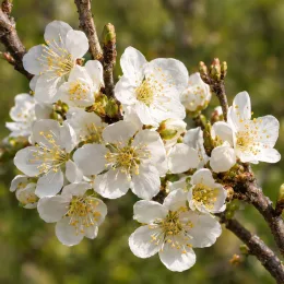 Prunier saint julien n°2 'St julien n°2' (Prunus domestica) — gros plan de fleurs blanches sur branche · Photo d'illustration