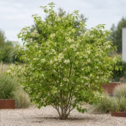 Cornouiller mâle 'Jolico' (Cornus mas) — arbuste à fleurs claires sur gravier de jardin · Photo d'illustration