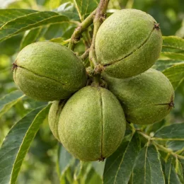 Noyer mexicain (Juglans mollis) — gros plan sur plusieurs fruits verts · Photo d'illustration