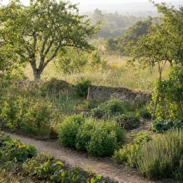 Menthe marocaine 'Moroccan' (Mentha spicata) — massifs d'aromatiques dans un jardin campagnard ensoleillé · Photo d'illustration