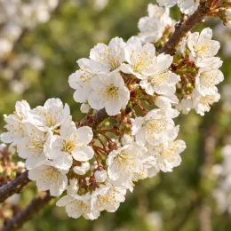 Merisier des oiseaux (Prunus avium) — grappe de petites fleurs blanches sur branche · Photo d'illustration