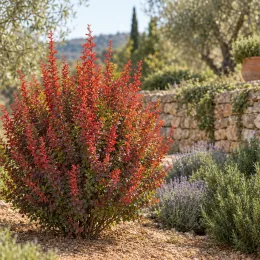 Épine-vinette 'Redtorch' (Berberis thunbergii) — arbuste arrondi au feuillage rouge dans jardin · Photo d'illustration