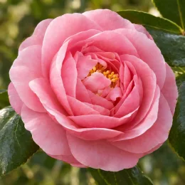Camélia du japon 'Kumasaka rose' (Camellia japonica) — gros plan d’une fleur rose ouverte · Photo d'illustration