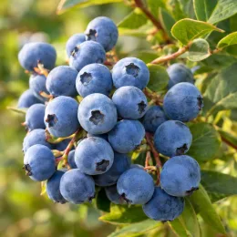 Myrtillier 'Meader' (Vaccinium corymbosum) — gros plan sur grappe de baies bleues mûres
