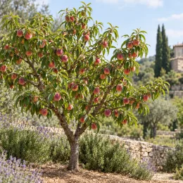Pêcher 'Peche de vigne' (Prunus persica) — arbre fruitier chargé de fruits colorés · Photo d'illustration