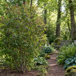Amélanchier nain (Amelanchier spicata) — arbuste avec grappes de fruits sombres en sous-bois · Photo d'illustration
