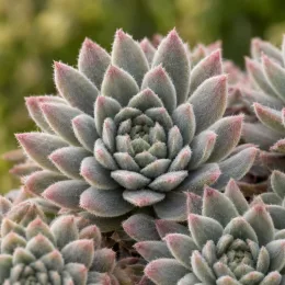 Joubarbe silver suede 'Chick charms silver suede' (Sempervivum) — rosette de succulente aux pointes rosées, gros plan · Photo d'illustration