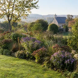 Aster 'Sonora' (Aster amellus) — massif de fleurs violettes devant une maison