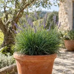 Seslérie (Sesleria caerulea) — touffe de graminée fleurie en pot terracotta sur terrasse