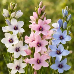 Fleur de babouin 'Kew garden' (Babiana stricta) — grappes de fleurs étoilées blanches roses et bleues · Photo d'illustration