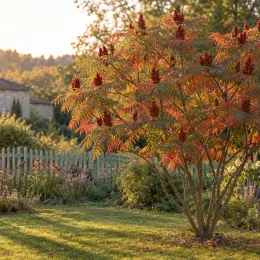 Sumac lacinié 'Laciniata' (Rhus glabra) — arbuste au feuillage découpé rougeoyant dans un jardin · Photo d'illustration
